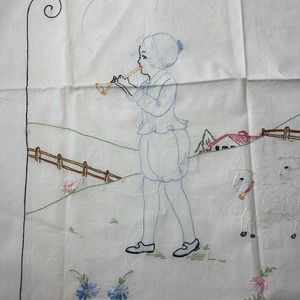 Vintage Embroidered Small Tablecloth Linen Little Boy Blue Blowing Horn Lambs